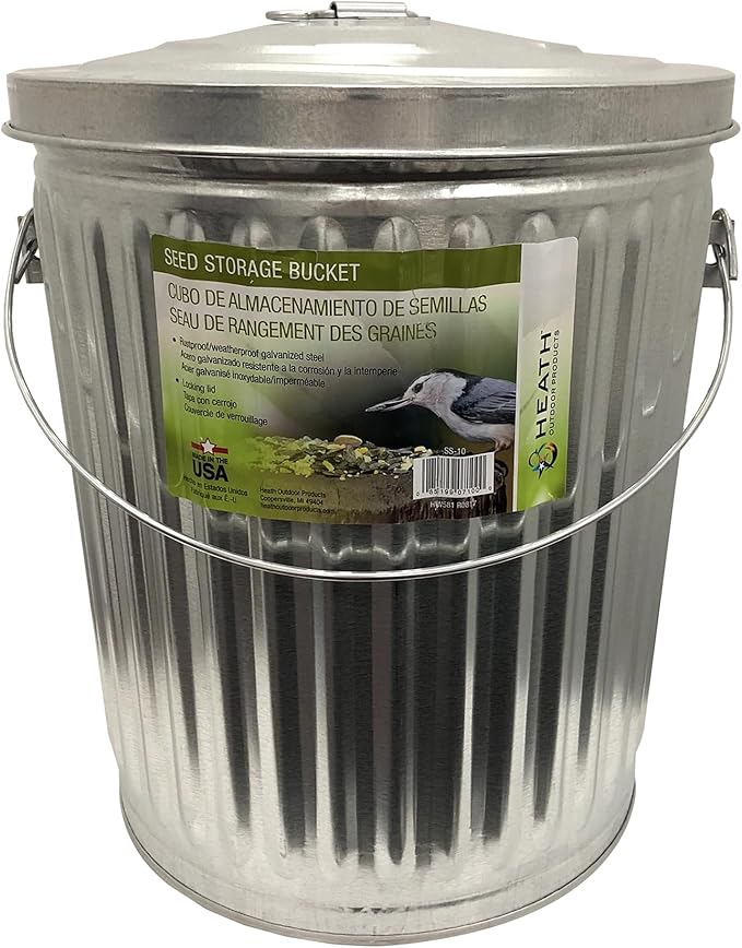 Heath Outdoor Products SS-10 10 Pound Galvanized Metal Multi-Purpose Bird Seed, Suet, Feed Container and Dog Poop, 1-Pack, Galvanized Steel