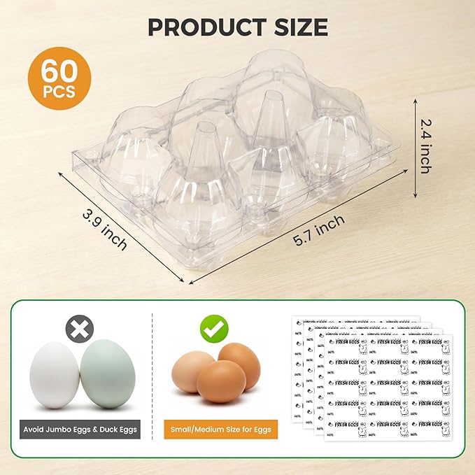 HANSGO 60 PCS 6 Count Plastic Egg Cartons Bulk, with 60PCS Date Labels, Clear Stackable Egg Holder for Fresh Medium Eggs Storage, Perfect for Farm, Family, Markets Display