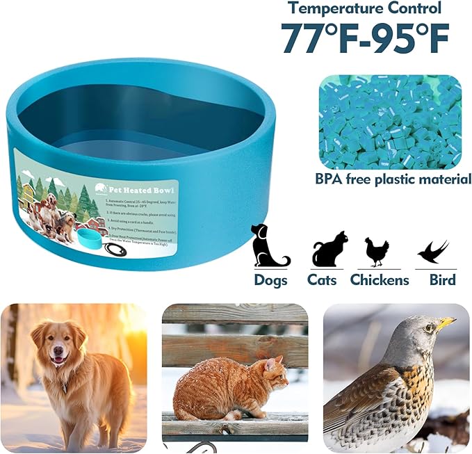 Heated Water Bowl for Dog & Cat, Outdoor Heated Dog Bowl Provides Drinkable Water & Food in Winter, Heated Pet Bowl for Outside, Smart Thermal-Dish for Rabbit, Chicken, Duck, Squirrel (98 OZ)