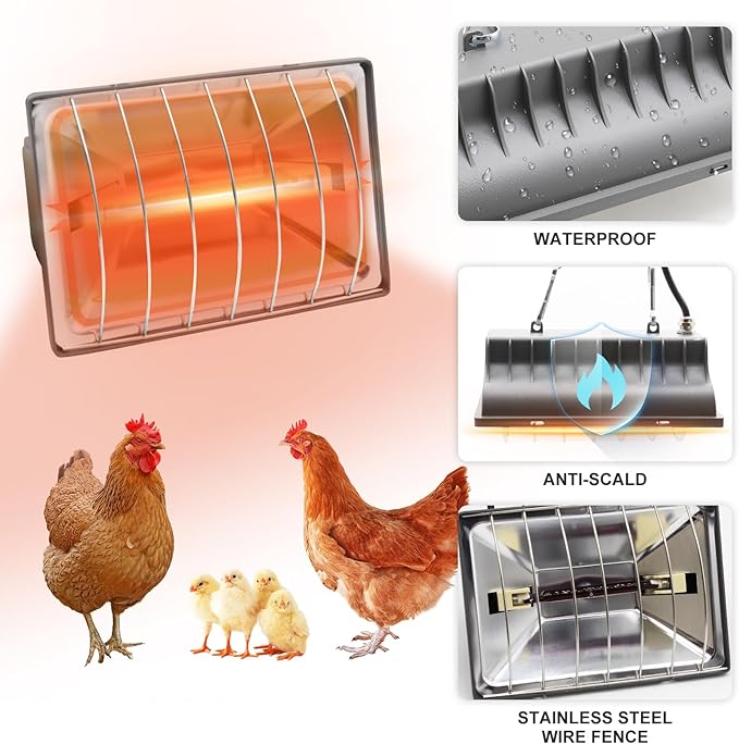 Chicken Coop Heater Lamp 250W Winter Hanging Heat Lamp for Chickens Incubators Temperature Adjustable Chicken Brooder Heating Heaters for Dog Kennel Poultry House