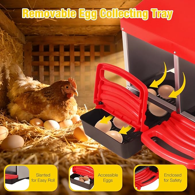 Aivituvin Chicken Nesting Box, 3 Compartments Chicken Egg Laying Box, Metal Nesting Boxes with Swing Perch for Chickens, Roll Away Egg Collection for Chicken Coop (Red)