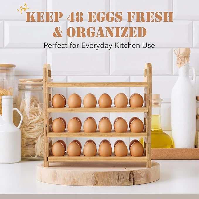 LemonRoad 4 Tier Wooden Egg Holder for Countertop, Bamboo Stackable Fresh Egg Storage Farmhouse Collecting Rack for Gathering Kitchen Organizer Duck Eggs Display, Stackable with 48 Eggs