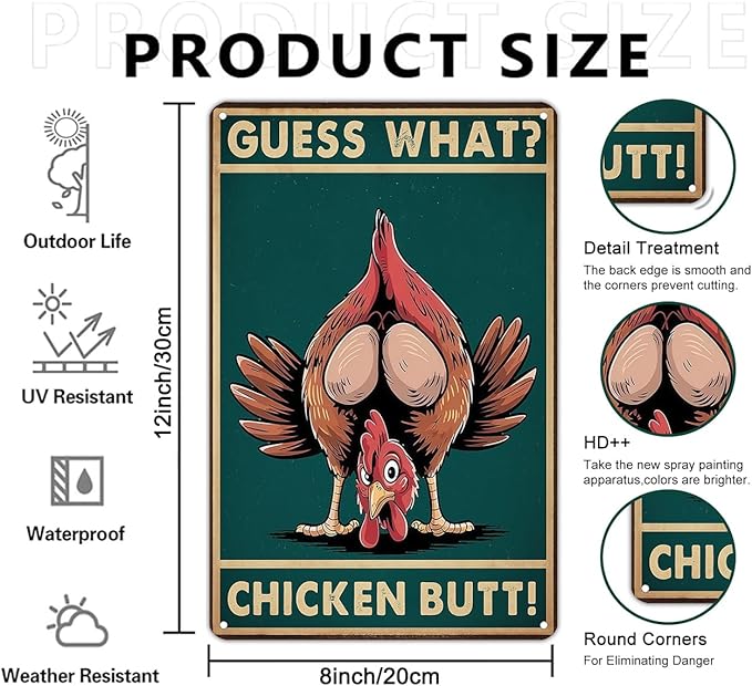 Funny Chicken Sign Guess What Vintage Tin Sign for Home Farm Chicken Coop Kitchen Garden Yard Decor 8X12 Inch(3935)