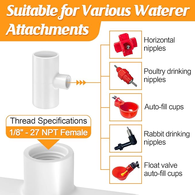 12 Pack Chicken Waterer PVC Tee Fittings - Fully Automatic for Threaded Chicken Waterer Nipples/Cups/Feeders/Poultry Water Drinker, White