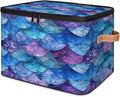 Mermaid Scale Fish Scale Ocean Storage Bins With Lids Fabric Collapsible Storage Box with Leather Handles for Home Bedroom Foldable Closet Shelf Organizer