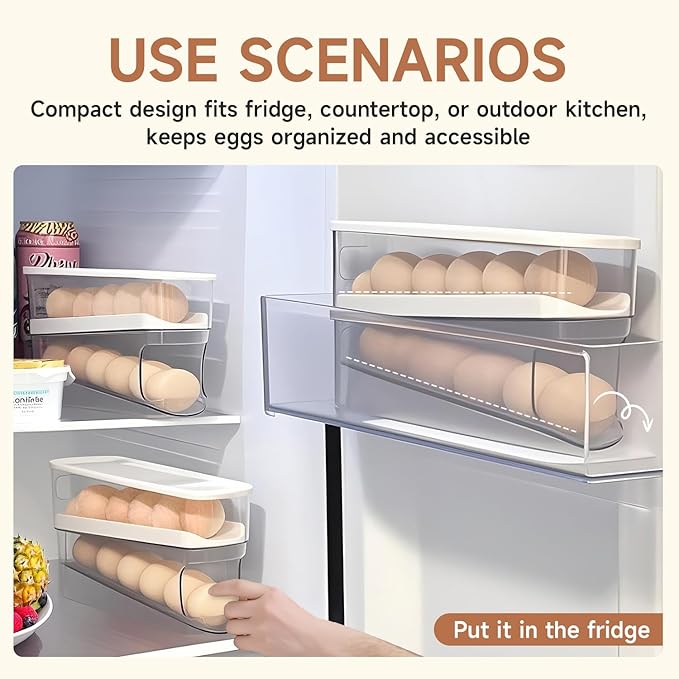 Rolling Egg Holder for Fridge, Egg Dispenser for Refrigerator, Automatic Rolling Storage Container for Countertop, Kitchen & Outdoor Use (3.35"x3.74"x11.02") 2 Pack