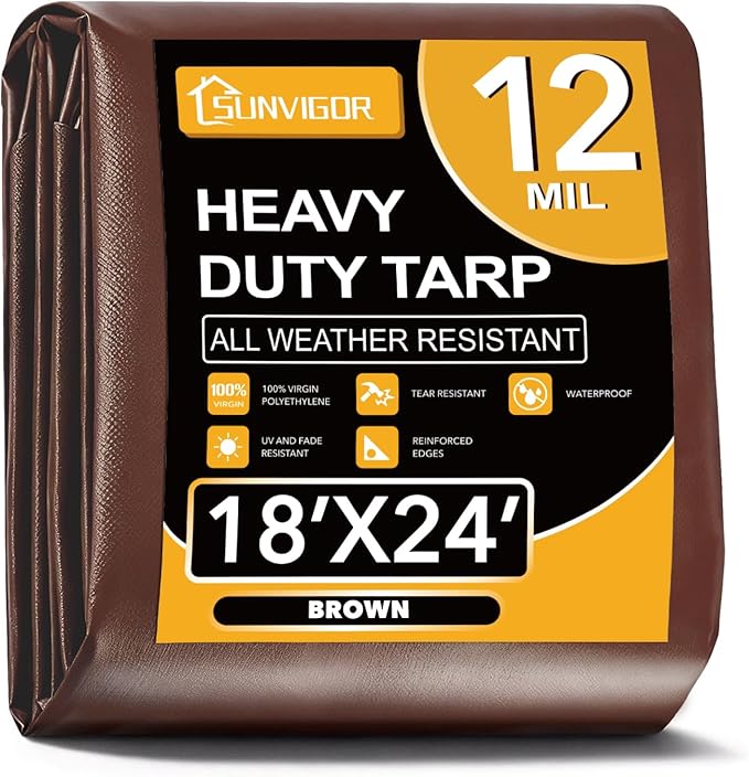 Sunvigor Tarp Waterproof 18x24Ft, Extra Thick 12 Mil Heavy Duty Tarp Cover, Tear & Fade Resistant, Outdoor Tarps with Brass Grommets and Reinforced Edges for Roof, Camping, Patio, Boat (Brown)