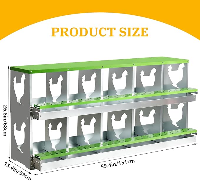 Chicken Nesting Box for Laying Eggs,Wall-Mountable Chicken Coop Nesting Boxes,10 Hole Roll Away Nesting Boxes,with Large Vented Holes,for Chickens,Ducks,Large Egg Laying Boxes (Green 10 Hole)