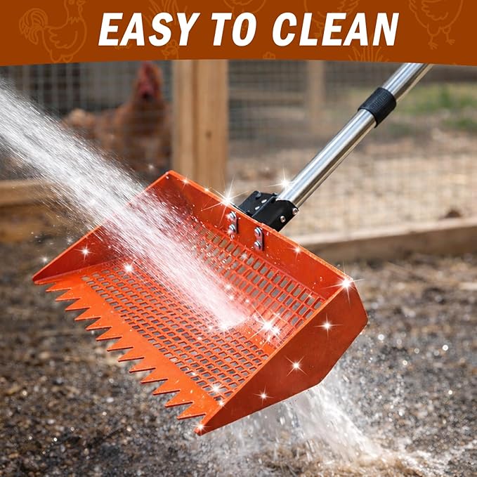 Chicken Poop Scooper for Sand, 12'' Wide 2-in-1 Chicken Coop Scooper and Rake, 36'' to 77'' Extra-Length Effort-saving Handle Chicken Coop Pooper Scooper Sifting Shovel, Chicken Coop Cleaning Tools