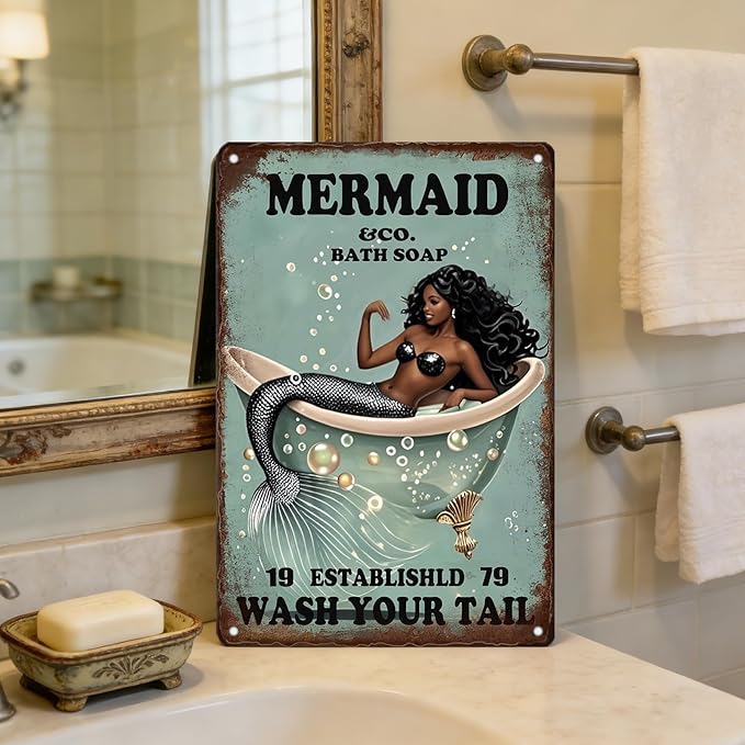 Funny Mermaid Sign Company Bath Soap Metal Signs Wash Your Tail Mermaid Wall Decor Retro Poster for Room Living Room Bathroom Toilet Hotel 12x8 Inch