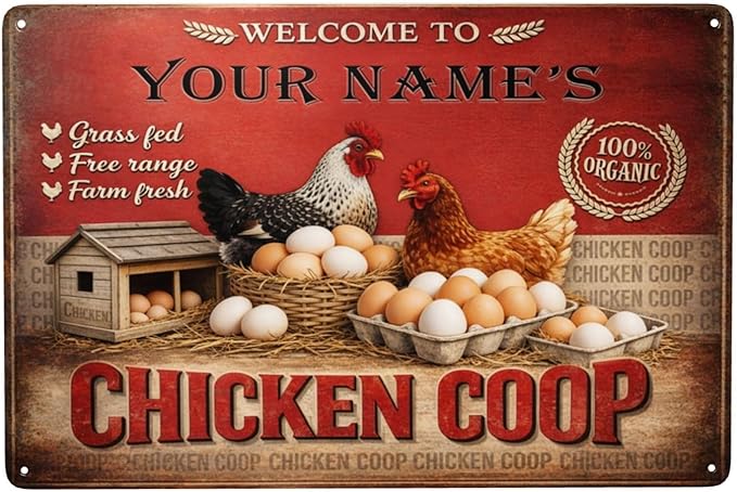 Custom Your Name Chicken Coop Sign Welcome To Your Farm Fresh Eggs Hens Personalized Metal Tin Plaque Vintage Rustic Wall Decor Barn Backyard Gift
