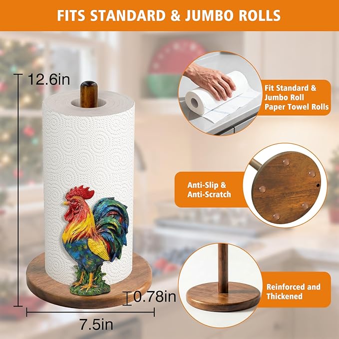 Rooster Paper Towel Holder - Modern Chicken Decor for Farmhouse Kitchen Bathroom Countertop - Gifts for Women Mom Grandma - 3D Cute Stuff Decorative Accessories