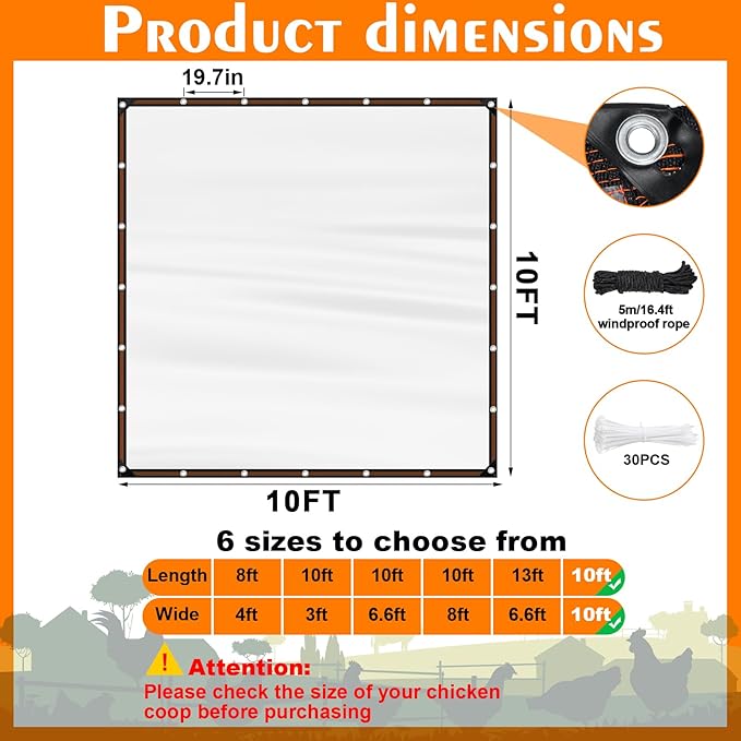 NNG 10 x 10ft Waterproof Chicken Coop Cover for Winter,Anti-Tear Chicken Run Tarp with Rope & Cable Tie,Chicken Coop Insulation Windproof Winterizing Cover for Poultry Cage Patio Covering
