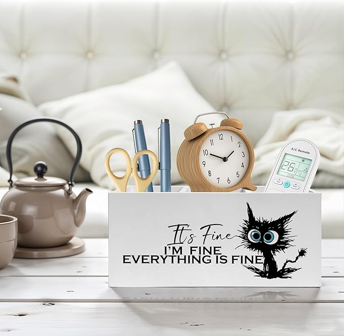 Funny Black Cat Pencil Pen Holder for Desk, I'm Fine Everything Is Fine Wooden Pencil Holder Organizer for Home Office Desk Accessories, Funny Office Gifts for Coworkers