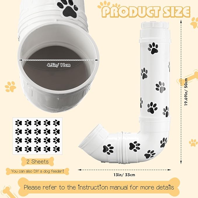 Gravity Dog Self Feeder with Puppy Paw Print Stickers 6 Pounds Large Capacity Hanging Pet Feeding Automatic Dispenser PVC Pipe Feeder for Cat Chicken Turkeys Indoor & Outdoor Use