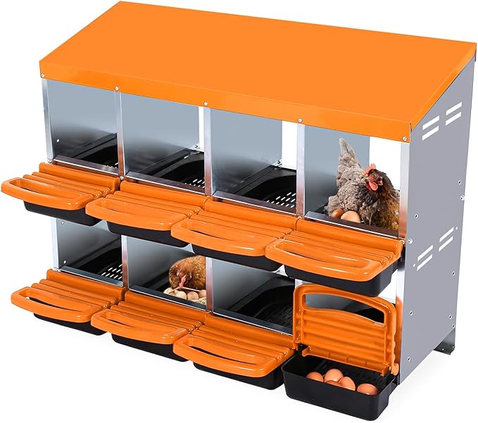 Chicken Nesting Boxes, Roll Away Nesting Box 8 Hole Metal Chicken Egg for Chicken Coop, Swing Perch and Rollout Egg Collection, Orange
