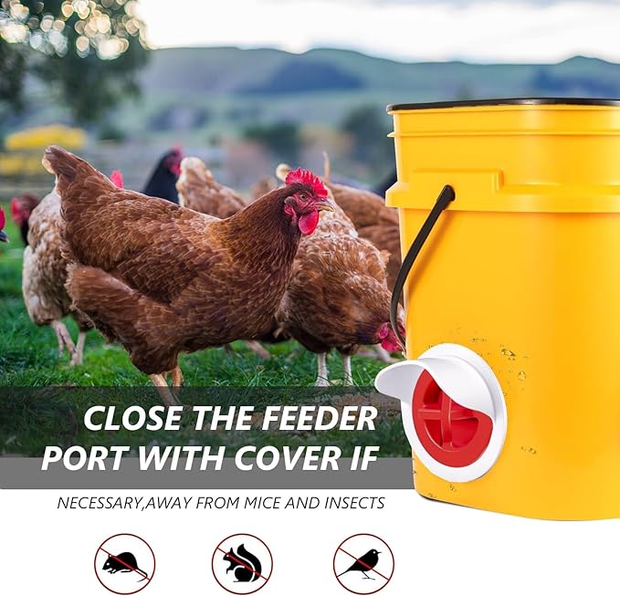 MAFONE DIY Chicken Feeder No Waste,Mess Cups Kit for Gravity Automatic Chickens Bucket Feeder Fit for Buckets, Barrels, Bins,Troughs,Rain Proof Poultry Feeder Port(4 White Red Ports,1 Hole Saw)