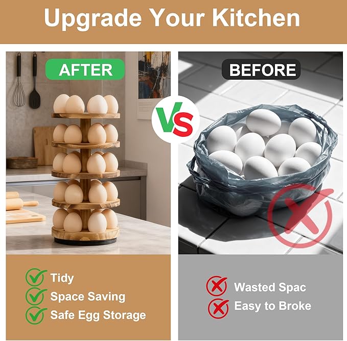 Wooden Fresh Egg Holder Countertop, 5 Layer Rotating Countertop Egg Holder for Fresh Eggs, Stackable with 30 Eggs for Countertop Kitchen, Pine
