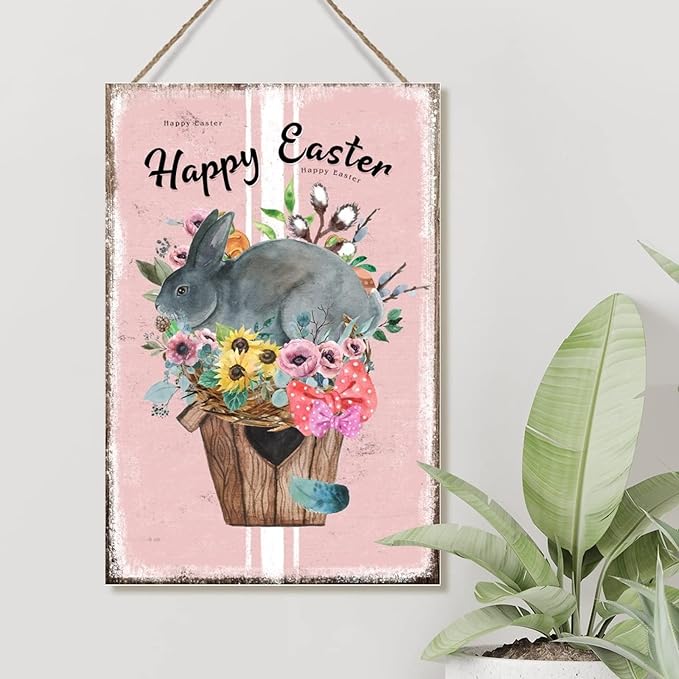 Wood Art Plaque Happy Easter Flower Basket Bunny Sign French Style Floral Pink Stripes Wood Home Sign Plaques Bunny Rabbit Happy Easter Wood Wall Art Sign for Bedroom 12x18in