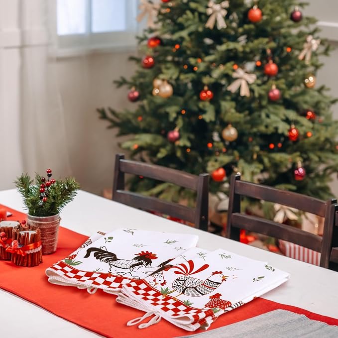 Geyoga 4 Pcs Chicken Kitchen Towels Rooster Dish Hand Towels Farm Animal Cow Vintage Rustic Tea Cloth for Spring Easter Bathroom Farmhouse Decor Gifts, 16 x 24 Inch(Red, Black, White,Farmhouse)