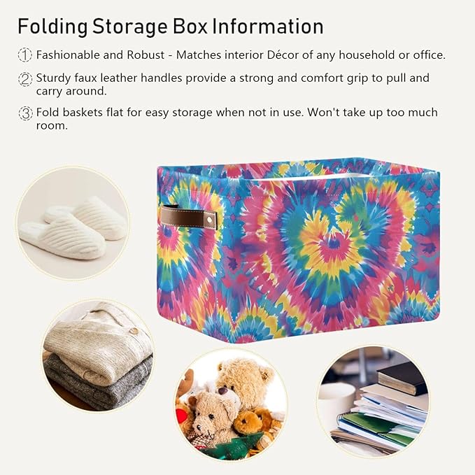 JIPONI Tie Dye Heart Fabric Storage Bins for Shelves, Decorative Storage baskets for organizing, Closet Organizer with Handle for Cloth, Toys, Bedrooms, Farmhouse