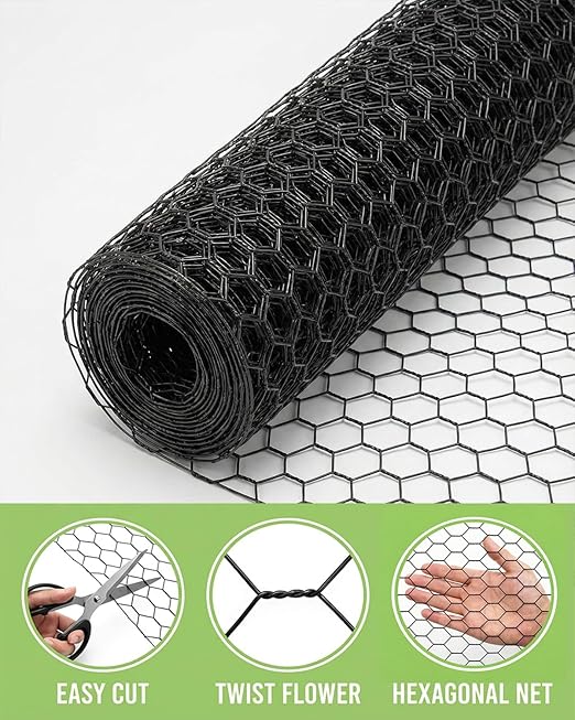 Vensovo Black PVC Coated Chicken Wire, 57in x 25ft Poultry Netting Roll, 1 inch Hex Mesh Garden Fence for Chicken Coop, Rabbit Pen, Yard