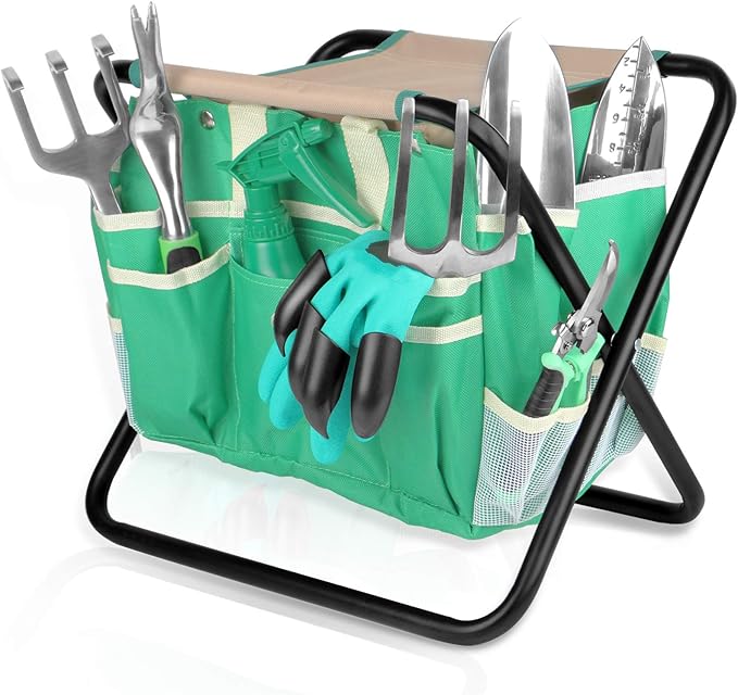 Kitness 9 PCS All-in-One Garden Tools Set, Heavy-Duty Cast-Aluminum Gardening Kit with Folding Stool Seat and Detachable Canvas Tool Bag, Durable Hand Tools Gift Set for Gardening Lovers