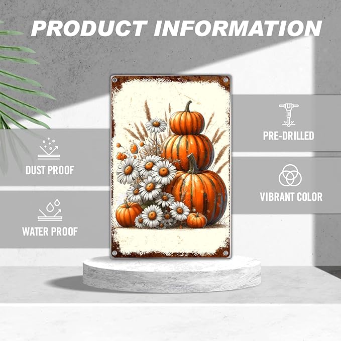 Vintage Pumpkin And Daisy Metal Tin Sign Rustic Fall Harvest Wall Art Farmhouse Autumn Decor For Home Kitchen Or Garden 8 x 12 Inch Outdoor Indoor Aluminum