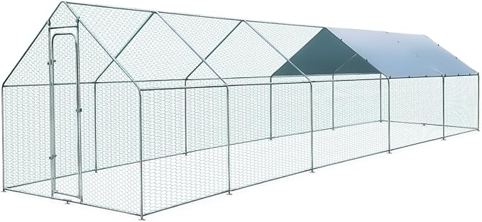 Extra Large Metal Chicken Coop for 50-55 Chickens, Walk-in Chicken Run, Chicken Pen Outdoor W/Cover, Waterproof & Anti-UV, 32.8' D x 9.8' W x 6.4' H, Wire Mesh Poultry Cage for Yard #LYJL10JD-US