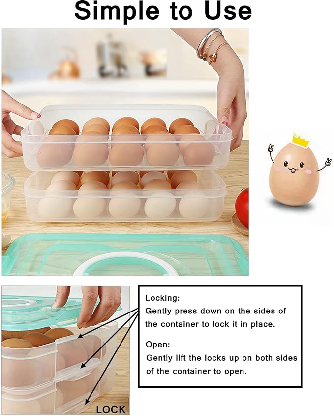 Deviled Egg Tray with Lid, 2-Layer, Food Storage Container with Handle, Egg Holder for Refrigerator, large, 40 eggs (Green)