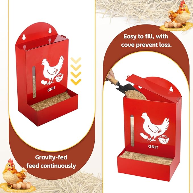 2 Pack Chicken Grit and Oyster Shell Feeder, Metal Oyster Shell Feeder with Visual Window and Lid, Hanging Gravity Chicken Grit Feeder, Chicken Coop Accessories for Healthier Hens and Eggs