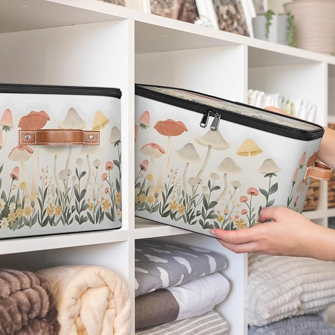 Mushroom Botanical Flower Plants Storage Bins With Lids Fabric Collapsible Storage Box with Leather Handles for Home Bedroom Foldable Closet Shelf Organizer