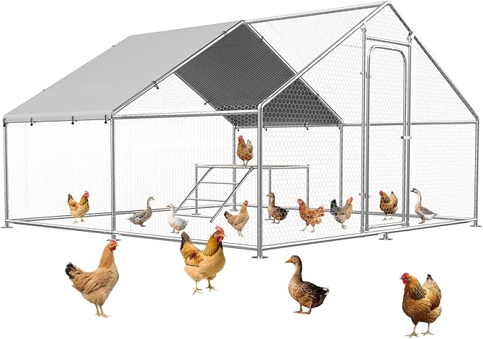 Large Metal Chicken Coop with Roosting Ladder, UV-Resistant and Waterproof Cover, Outdoor Walk-in Cage Hen House for Yard Farm Rabbit Duck Chicken Run, Dome Roof (13.1'W x 9.8'L x 6.4'H)