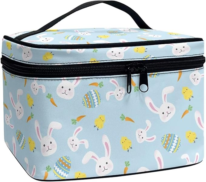 Rabbit Chicken Easter Eggs Carrot Print Travel Makeup Bags for Women Portable Tote Cosmetic Case with Carry Handle Toiletry Accessories Storage Organizer Bags Blue