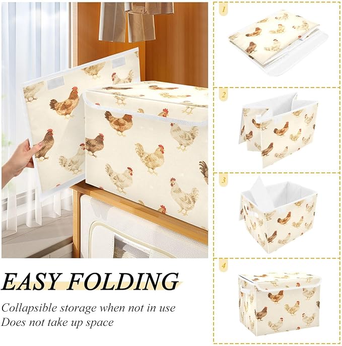 Farmhouse Chickens Fabric Storage Bin with Lid, Collapsible Basket with Handles, Shelf Cube Closet Organizer for Home and Bedroom