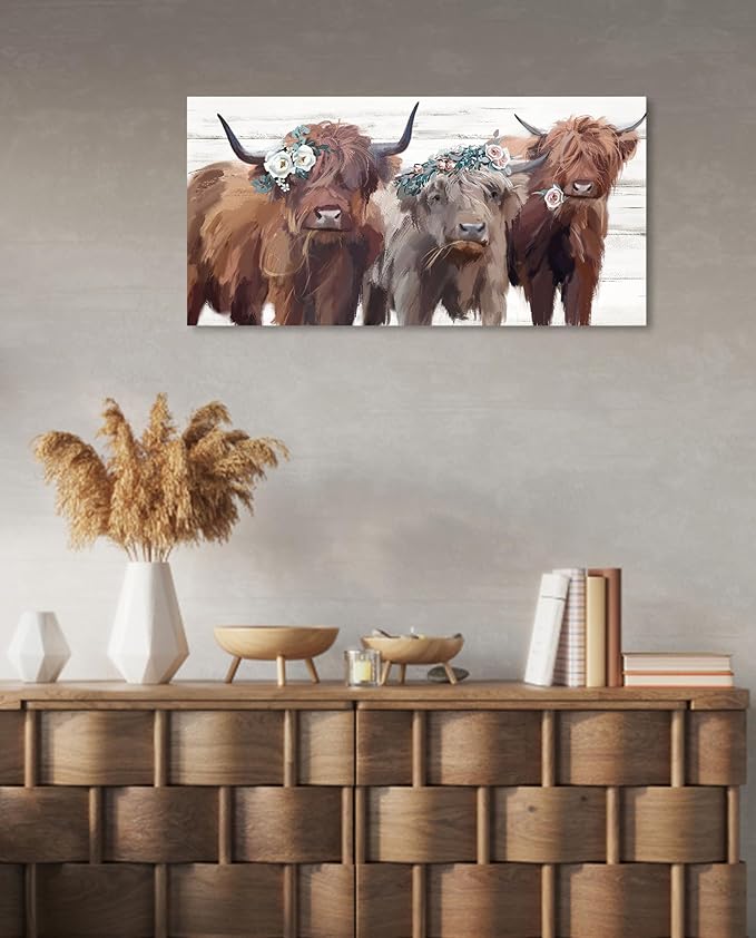 Highland Cow Canvas Wall Art: Cow Floral Picture Farmhouse Kitchen Decor Funny Animal Long Haired Scottish Cow Paintings Framed Rustic Country Wall Decor for Living Room Bedroom 20" x 40"