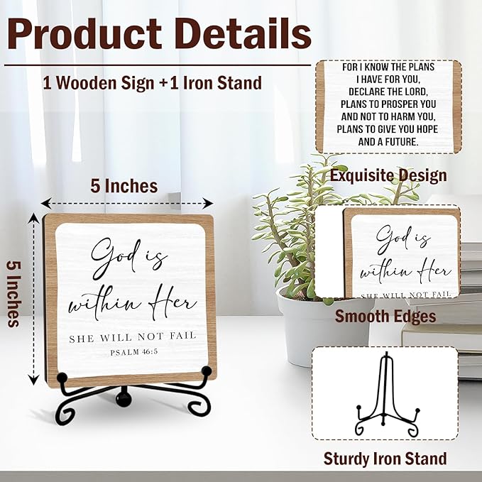 Religious Gifts for Women, 5 Inch Rustic Bible Verse Decor, Inspirational Wooden Plaques for Home Office, God Is Within Her She Will Not Fail Sign - A11
