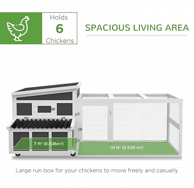 PawHut Wooden Chicken Coop, Chicken Tractor with Large Run for 6 Chickens, Outdoor Poultry Cage Rabbit Hutch Duck Coop Hen House with Nesting Box, Tray, Windows, Dark Gray