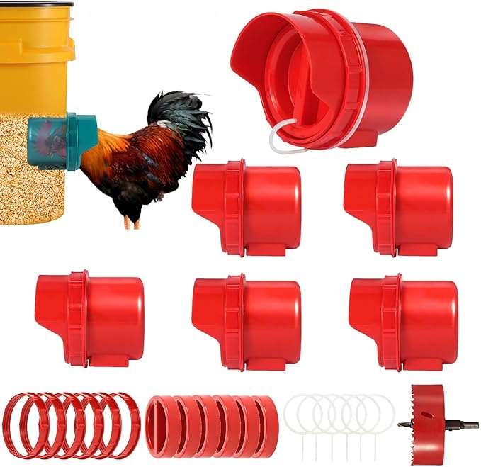 Chicken Feeder No Waste, 6 Ports Automatic Poultry Feeder with Covers & Hole Saw, Rain Proof Chicken Feeder Port for Buckets, Bins & Barrels