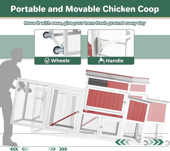 Chicken Coop with Wheels, Weatherproof Mobile Hen House Chicken Tractor with Run, Nesting Box, Roosting Bars, Pull-Out Tray, Asphalt Roof & Fun Swing for Chickens Quails, Backyard Use