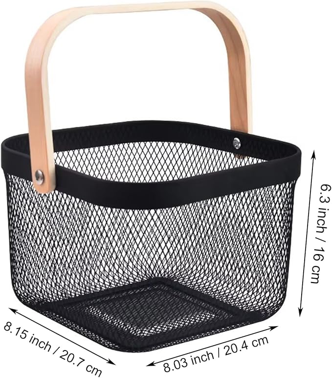 Metal Mesh Wire Basket, Small Steel Basket with Wooden Handle Storage Organizer Basket Multi-functional Hanging Kitchen Baskets Fruit Baskets for Kitchen Bathroom Cabinet Pantry Snacks, Black