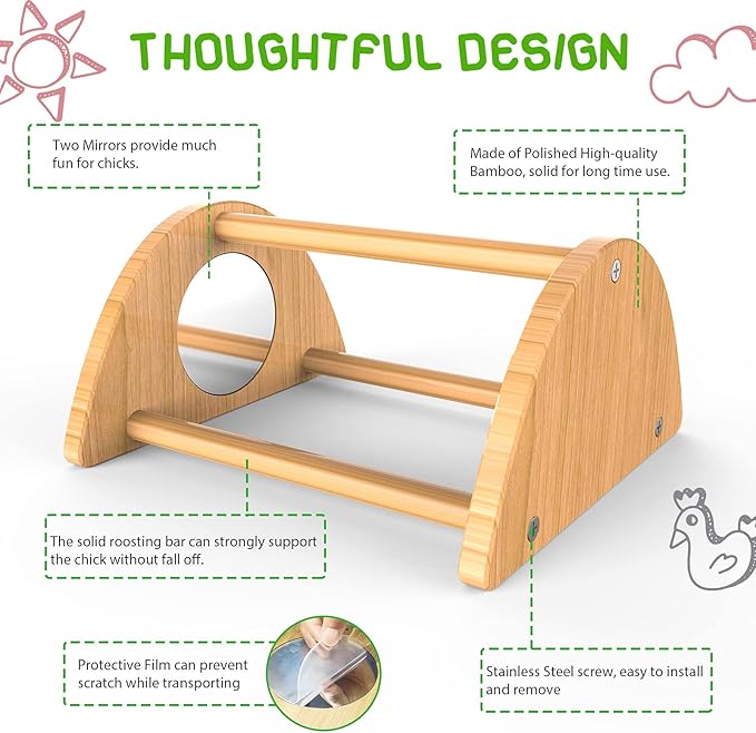 Mini Chick Perch with Mirror, Strong Bamboo Roosting Bar for coop and brooder, Training Perch for Baby Chicks, El Pollitos, La Pollita, Easy to Assemble and Clean, Fun Toys for Chick, 2 Pack