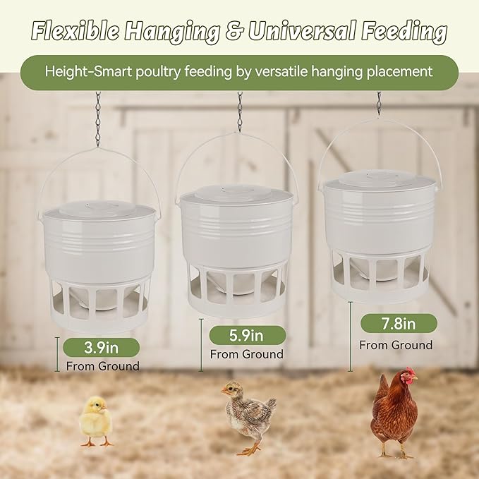 KOL Hanging Chicken Feeder – 20lbs Metal Chicken Feeder No Waste, Adjustable Poultry Feeder with 12 Ports, No Installation & Universal Height Design (Jade White)