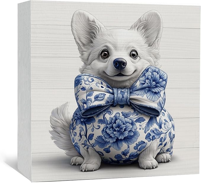 Chinoiserie Corgi Wooden Signs, Grand Millenial Bow Blue Floral Home Decor, Blue and White Porcelain Desk Decorations, Farm Animal Office Kitchen Bathroom Decor