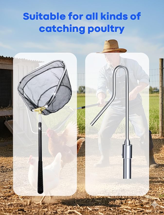 Retractable Poultry Chicken Catcher Net - Heavy-Duty Stainless Steel Extendable 16" to 58.5" Triangle Chicken Net with Secure Leg Hook for Safely Catching Chickens, Duck, Geese and Small Bird