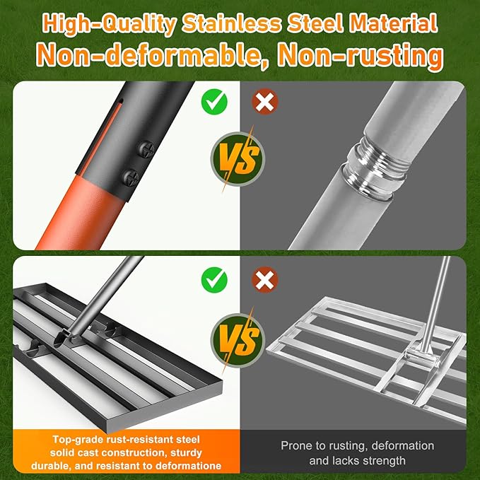 Lawn Leveling Rake, 30x10 with 78" Adjustable Handle, Stainless Steel Leveling Rake, Lawn Care Tool for Backyard, Garden, Golf Course, Farm and Pasture