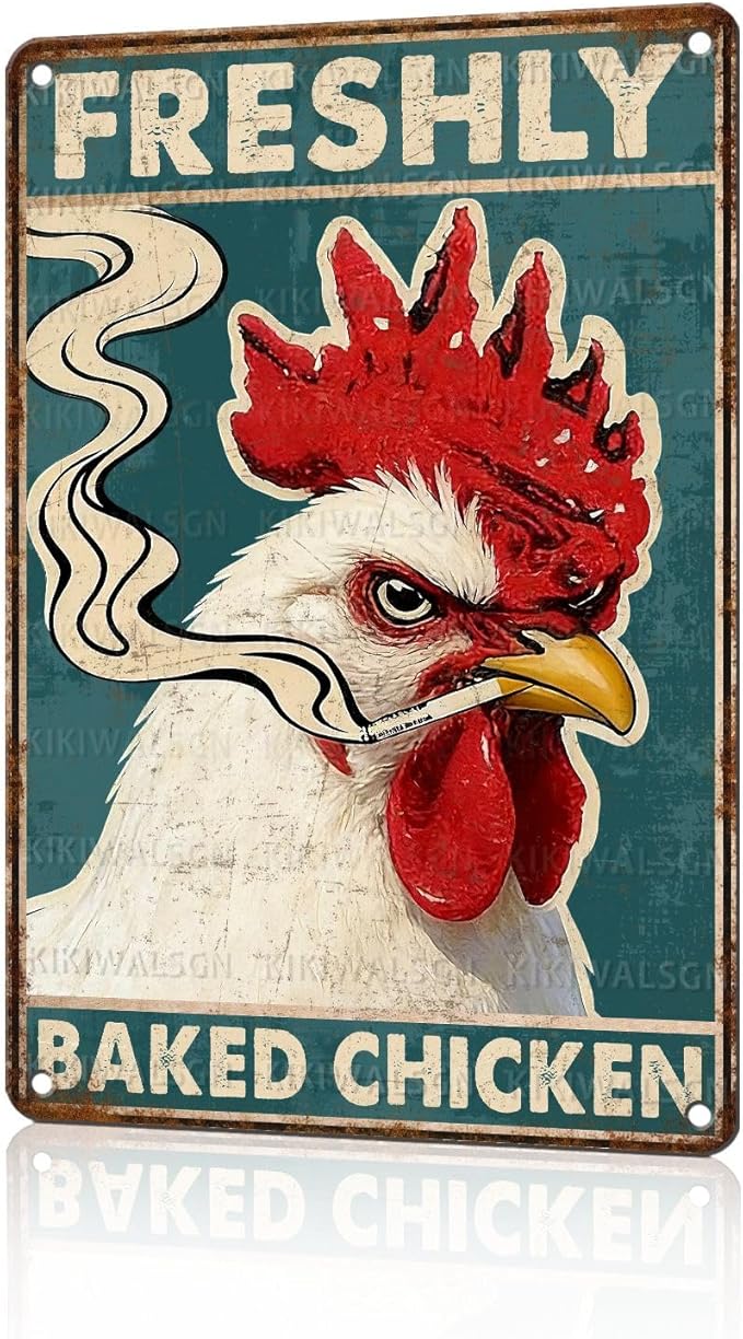 Funny Chicken Metal Signs Rooster Kitchen Decor Freshly Baked Chicken Tin Signs Vintage Farmhouse Poster Rustic Wall Decor For Home Farm Cafe Bar Pub Man cave Living Room Office 12 * 8 In