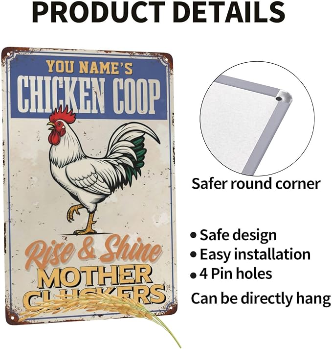 Personalized Chicken Coop Sign Custom Name Rise And Shine White Rooster Metal Tin Wall Art Rustic Farmhouse Decor Backyard Barn Garden Gift For Poultry Lovers