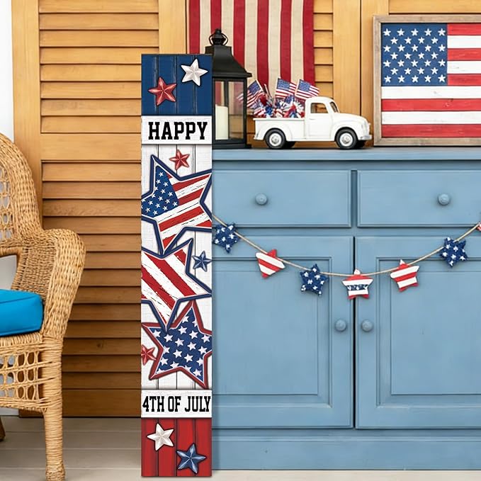 47" Large 4th of July Front Porch Sign Patriotic Wooden Vertical Door Sign with American Flag Colors Red White Blue Outdoor Decor for Independence Day 250th Anniversary Home Entryway