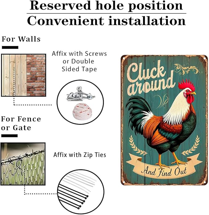 FunnySign Chicken Gifts Rooster Décor Cluck Around And Find Out Rustic Tin Sign For Home Farm Chicken Coop Decor 8x12 Inch (9703)